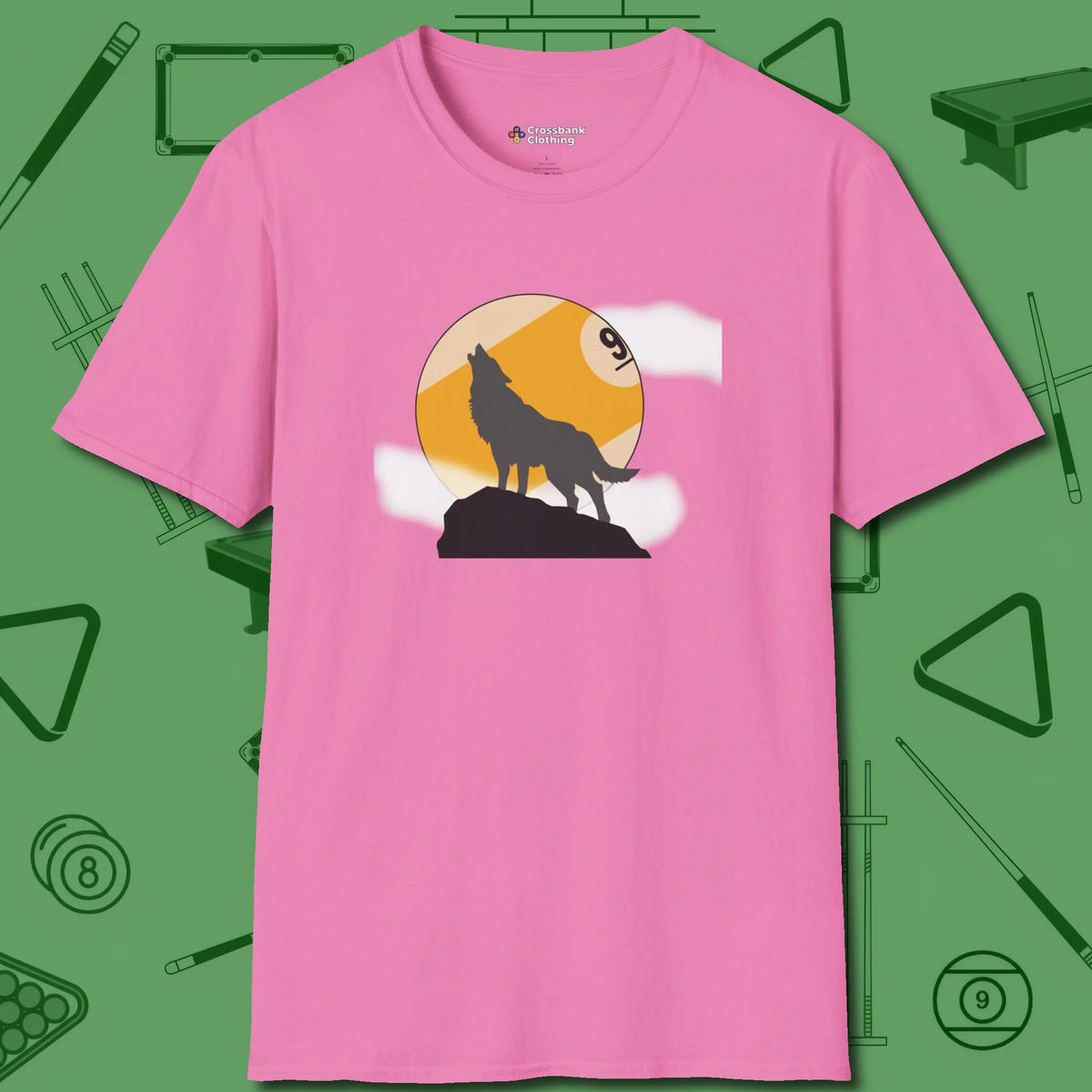 Nine Ball Wolf T-Shirt, front view, in Azalea as serious as your stroke