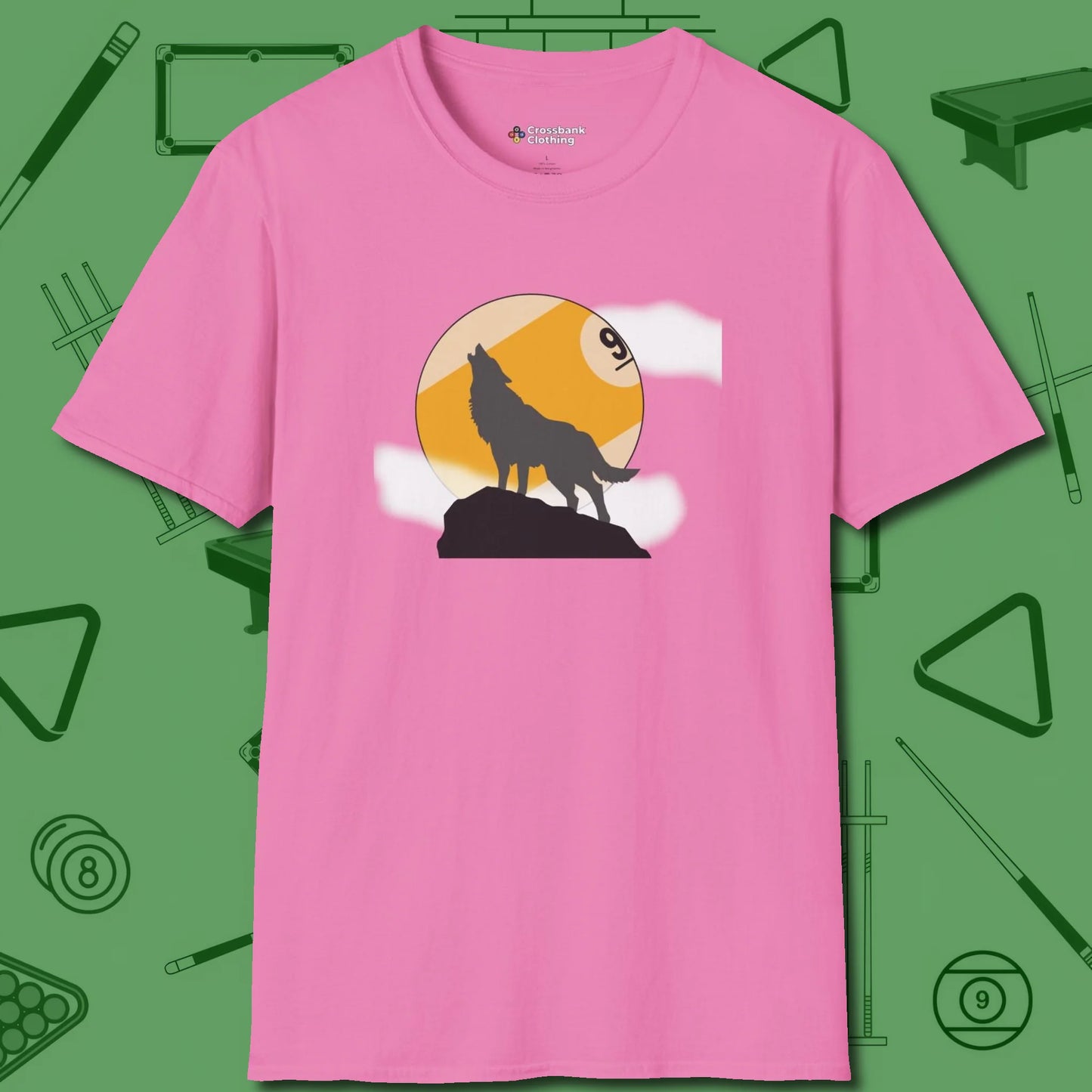 Nine Ball Wolf T-Shirt, front view, in Azalea as serious as your stroke