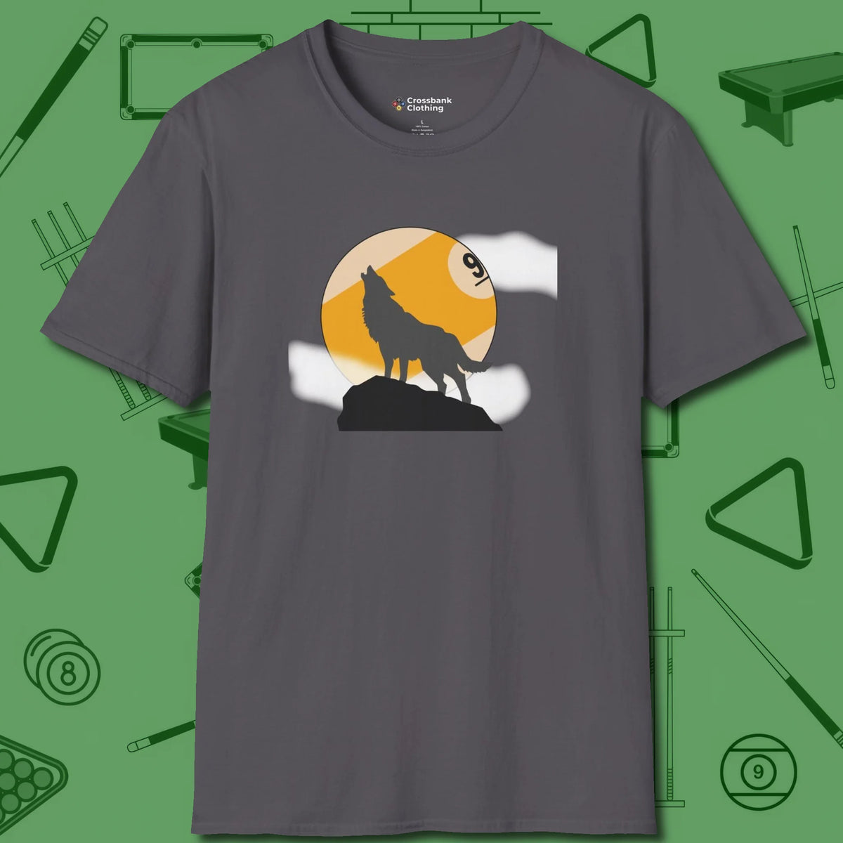 Nine Ball Wolf T-Shirt, front view, in Charcoal subtle drip for serious shooters