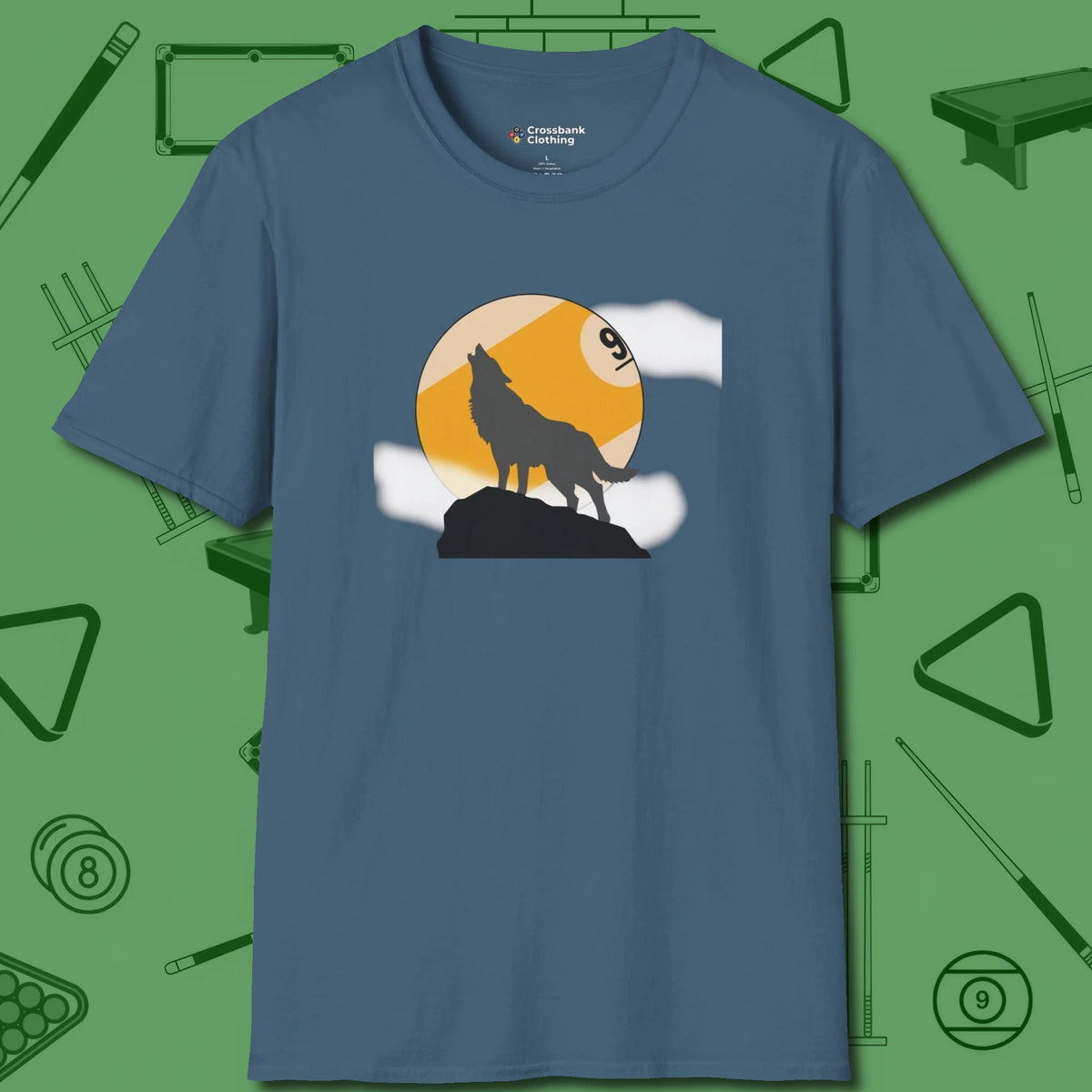 Nine Ball Wolf T-Shirt, front view, in Indigo Blue subtle drip for serious shooters