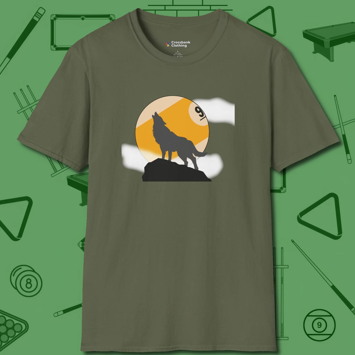 Nine Ball Wolf T-Shirt, front view, in Military Green play in style, win in silence