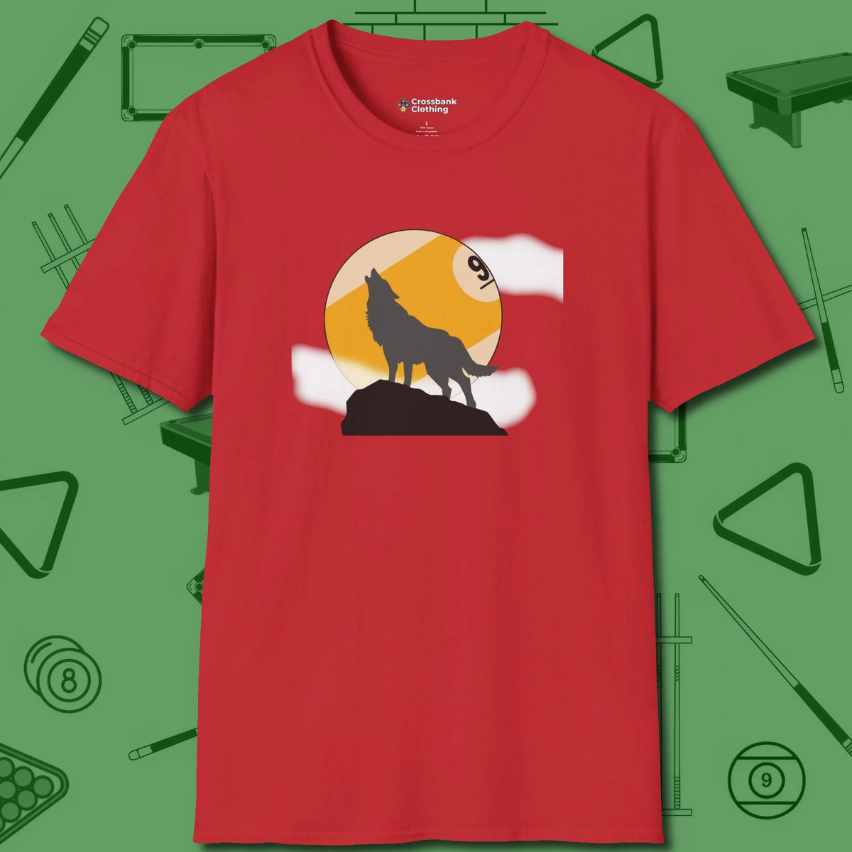 Nine Ball Wolf T-Shirt, front view, in Red smart apparel for strategic players