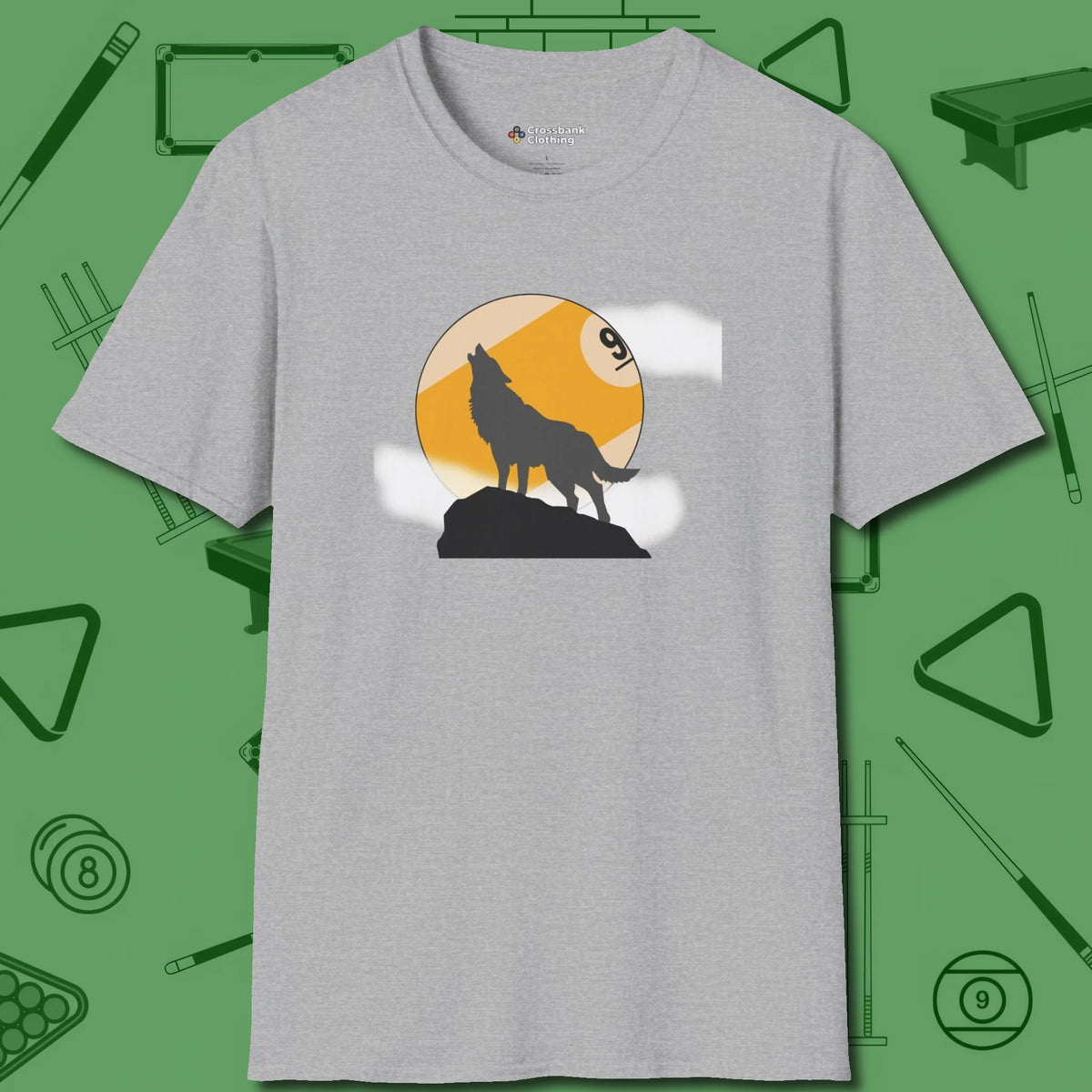 Nine Ball Wolf T-Shirt, front view, in Sport Grey because you don’t just play — you represent