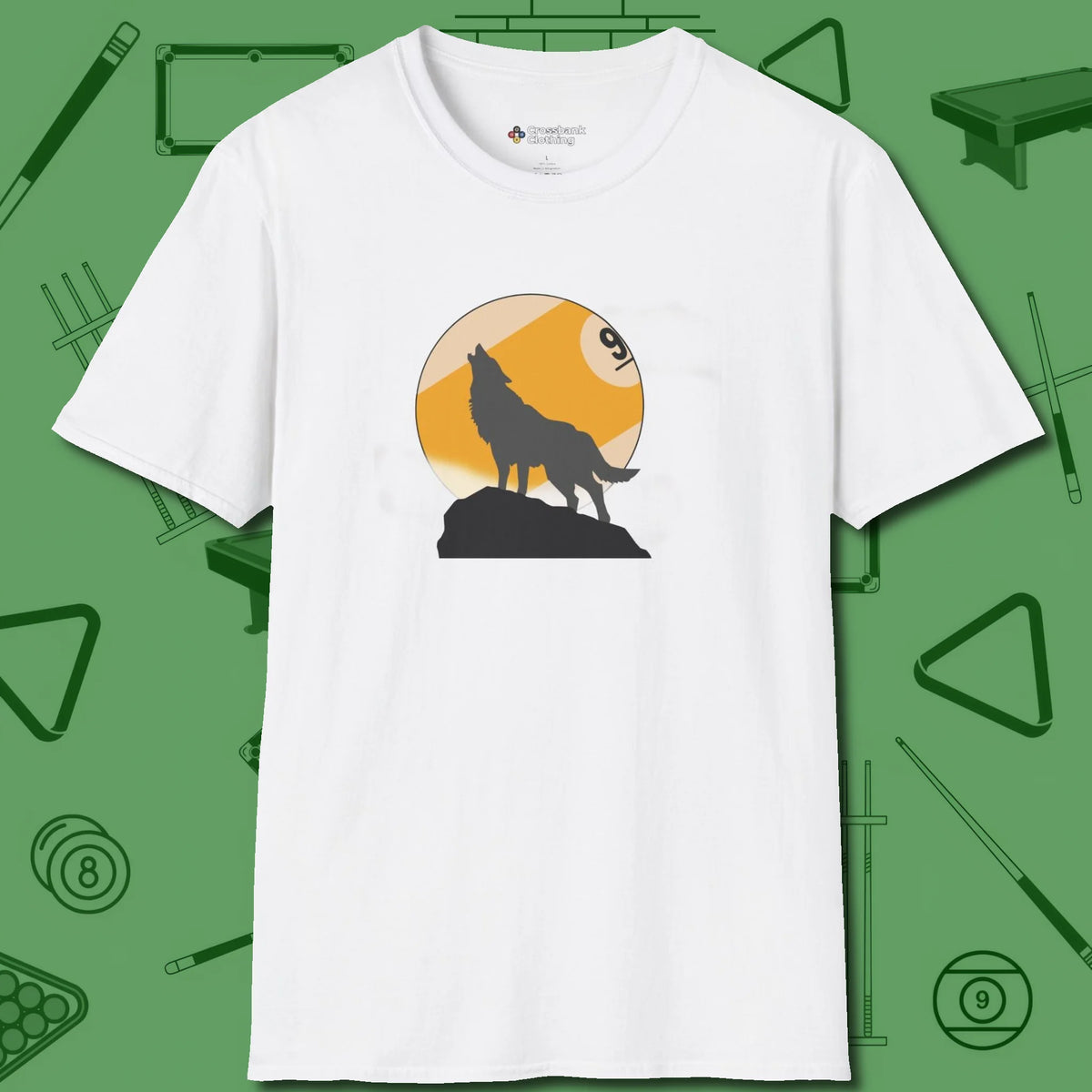 Nine Ball Wolf T-Shirt, front view, in White from chalk to clutch, look the part