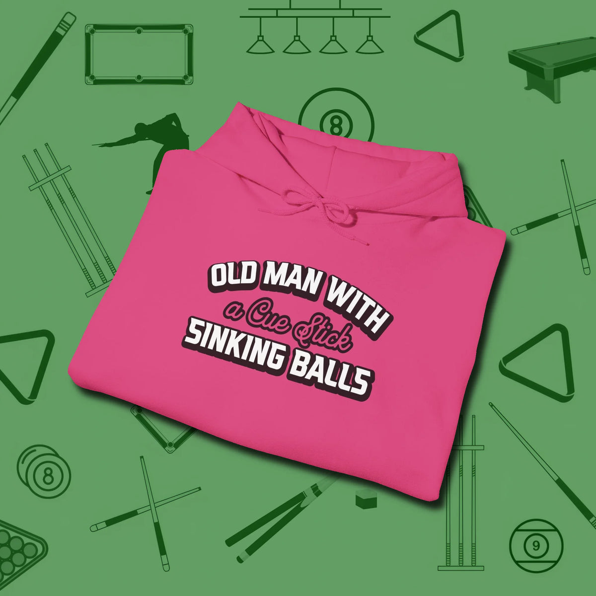 Old Man Sinking Balls Hoodie, folded view, in Heliconia perfect for players with quiet fire