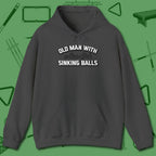 Old Man Sinking Balls Hoodie, front view, in Dark Heather an extension of your pool persona