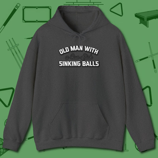 Old Man Sinking Balls Hoodie, front view, in Dark Heather an extension of your pool persona