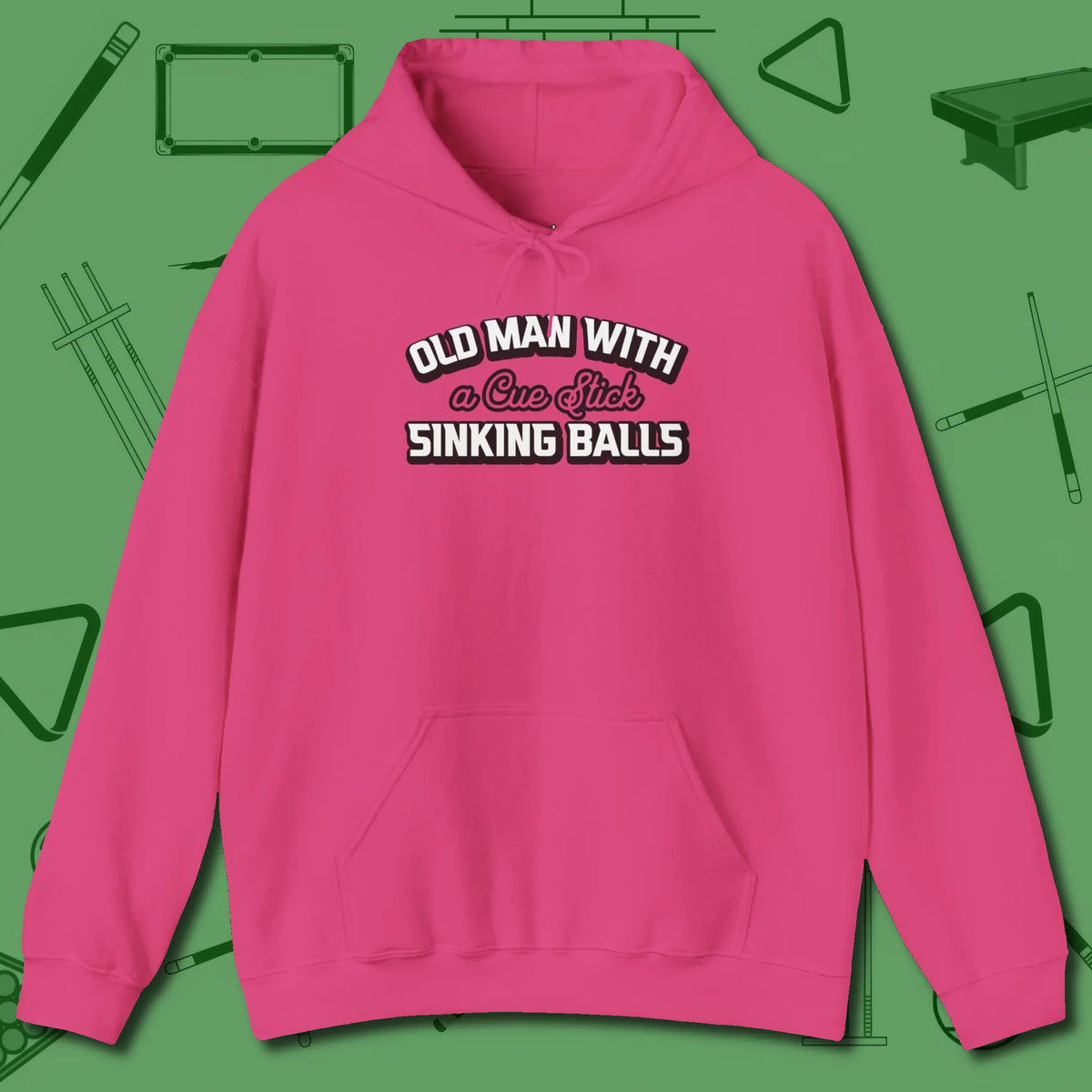 Old Man Sinking Balls Hoodie, front view, in Heliconia strike fear with swagger and precision