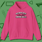 Old Man Sinking Balls Hoodie, front view, in Heliconia strike fear with swagger and precision