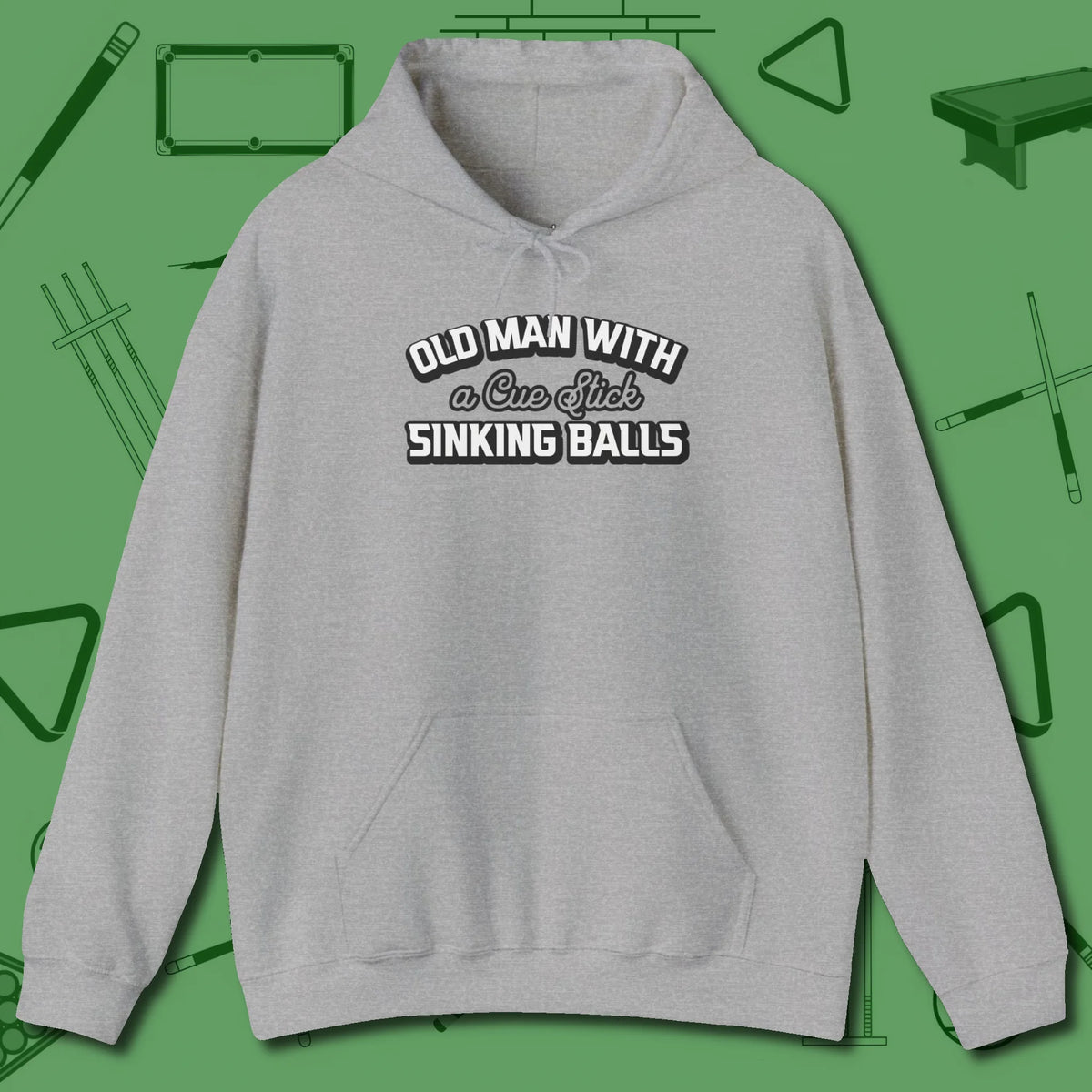 Old Man Sinking Balls Hoodie, front view, in Sport Grey look good while calling your pocket
