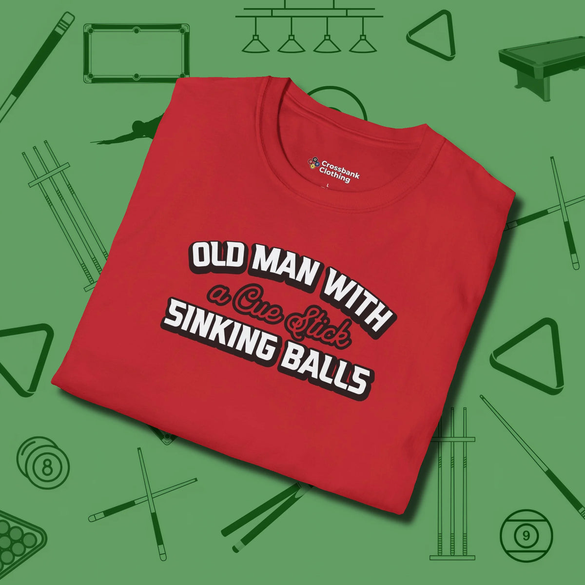 Old Man Sinking Balls T-Shirt, folded view, in Red for players who live the game