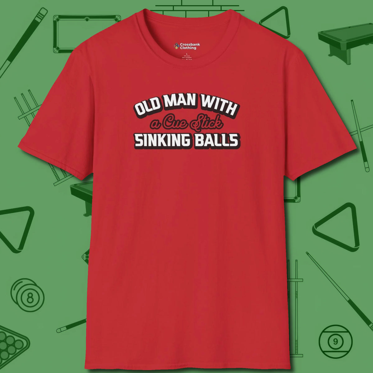 Old Man Sinking Balls T-Shirt, front view, in Red styled to dominate from rack to run-out