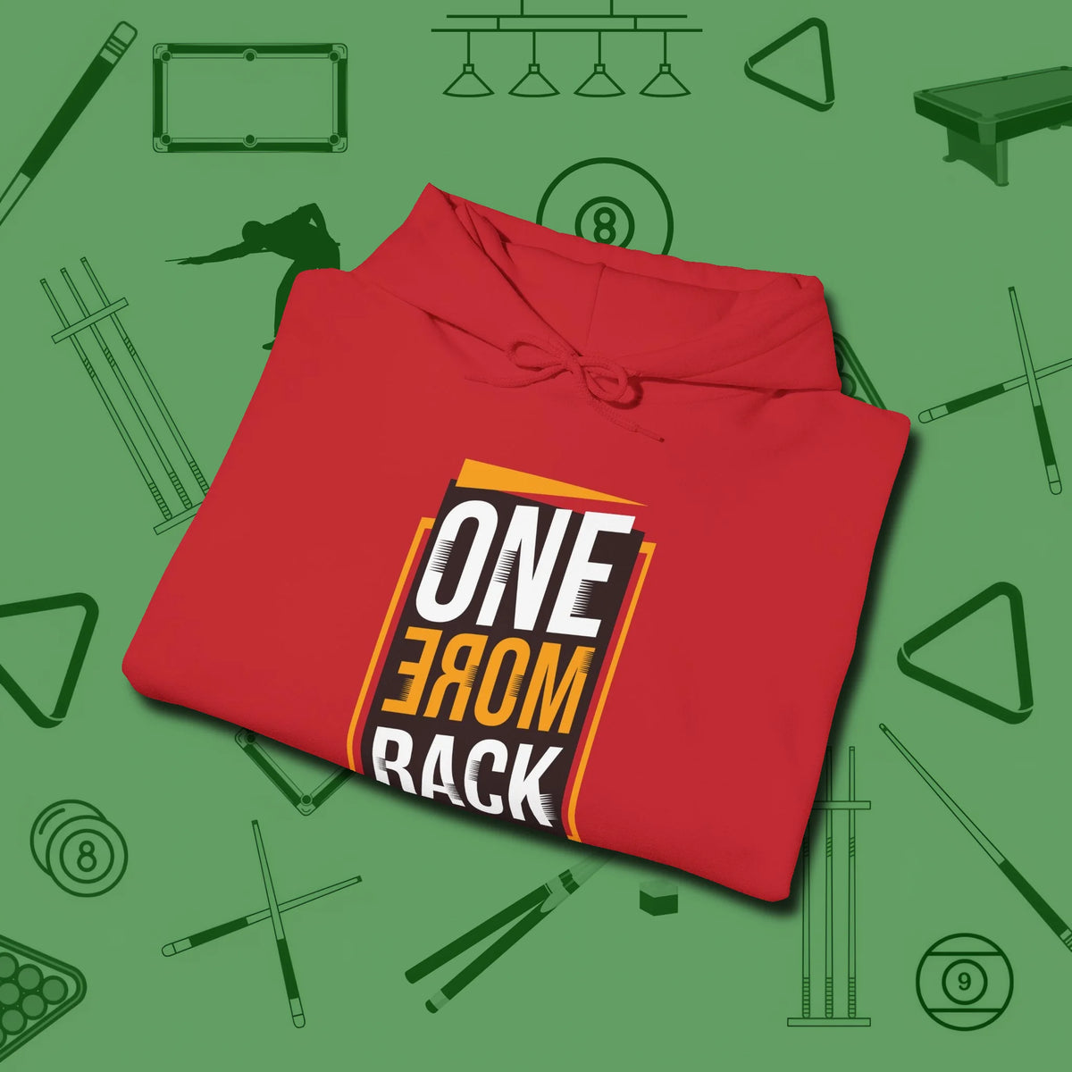 One More Rack Billiards Hoodie, folded view, in Red poolroom style with tournament attitude