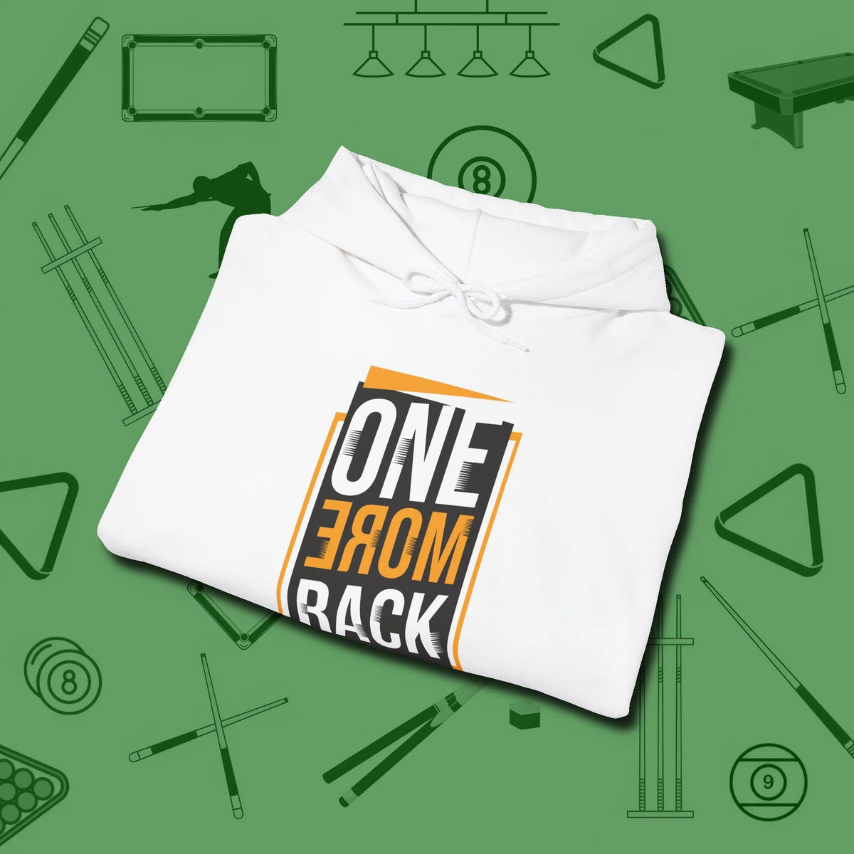 One More Rack Billiards Hoodie, folded view, in White fashion with break-and-run energy