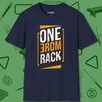 One More Rack Billiards T-Shirt, front view, in Navy look good while calling your pocket