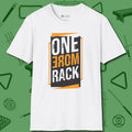 One More Rack Billiards T-Shirt, front view, in White break, run out, turn heads — repeat