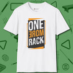 One More Rack Billiards T-Shirt, front view, in White break, run out, turn heads — repeat