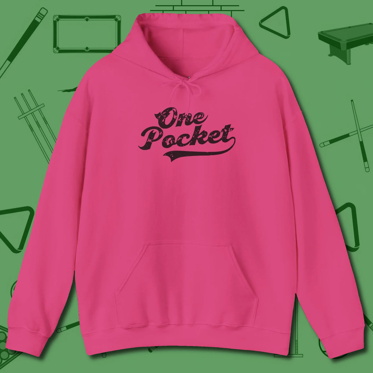 One Pocket Classic Hoodie, front view, in Heliconia subtle drip for serious shooters