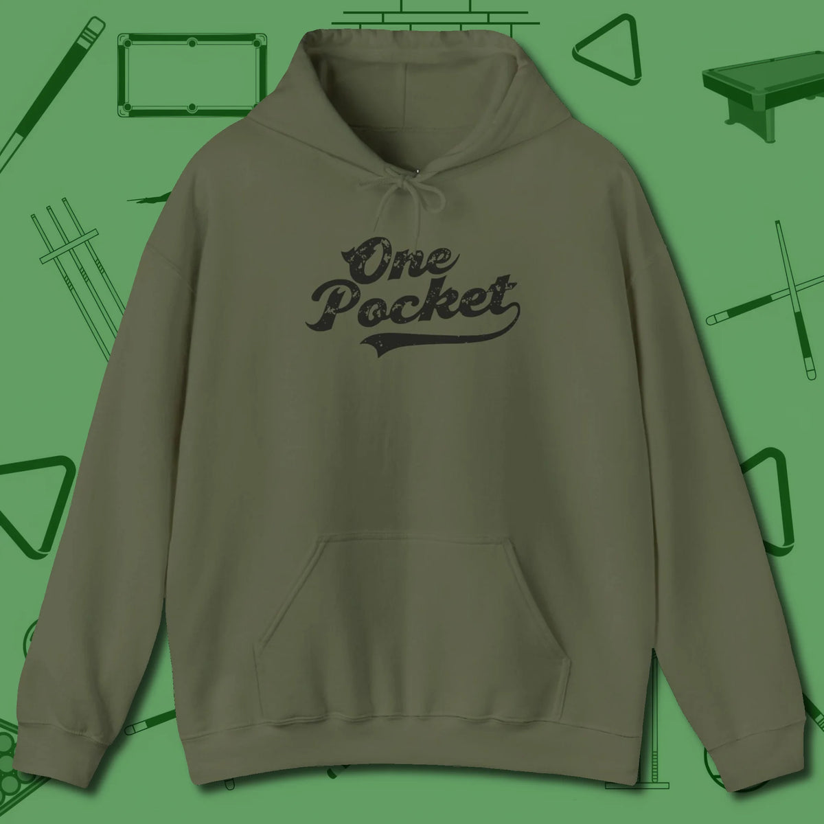 One Pocket Classic Hoodie, front view, in Military Green precise, confident, always in control