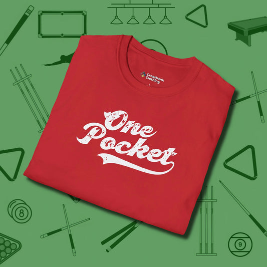 One Pocket Classic T-Shirt, folded view, in Red perfect for players with quiet fire