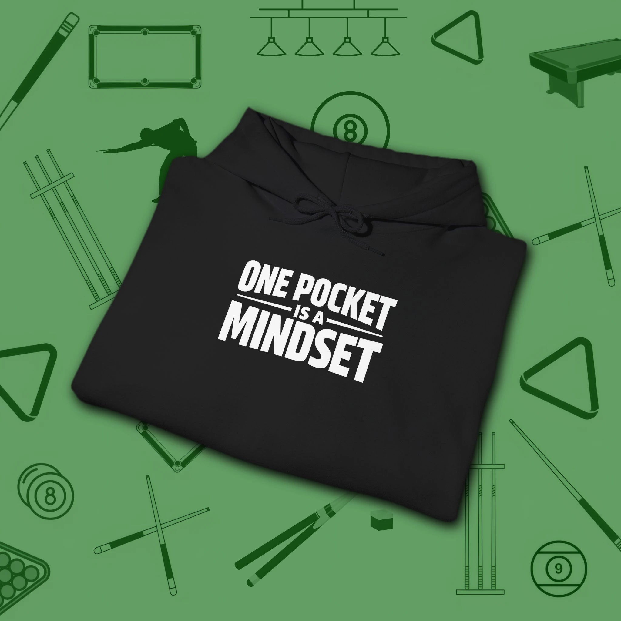 One Pocket Mindset Hoodie, in Black color, billiards hoodie, folded view