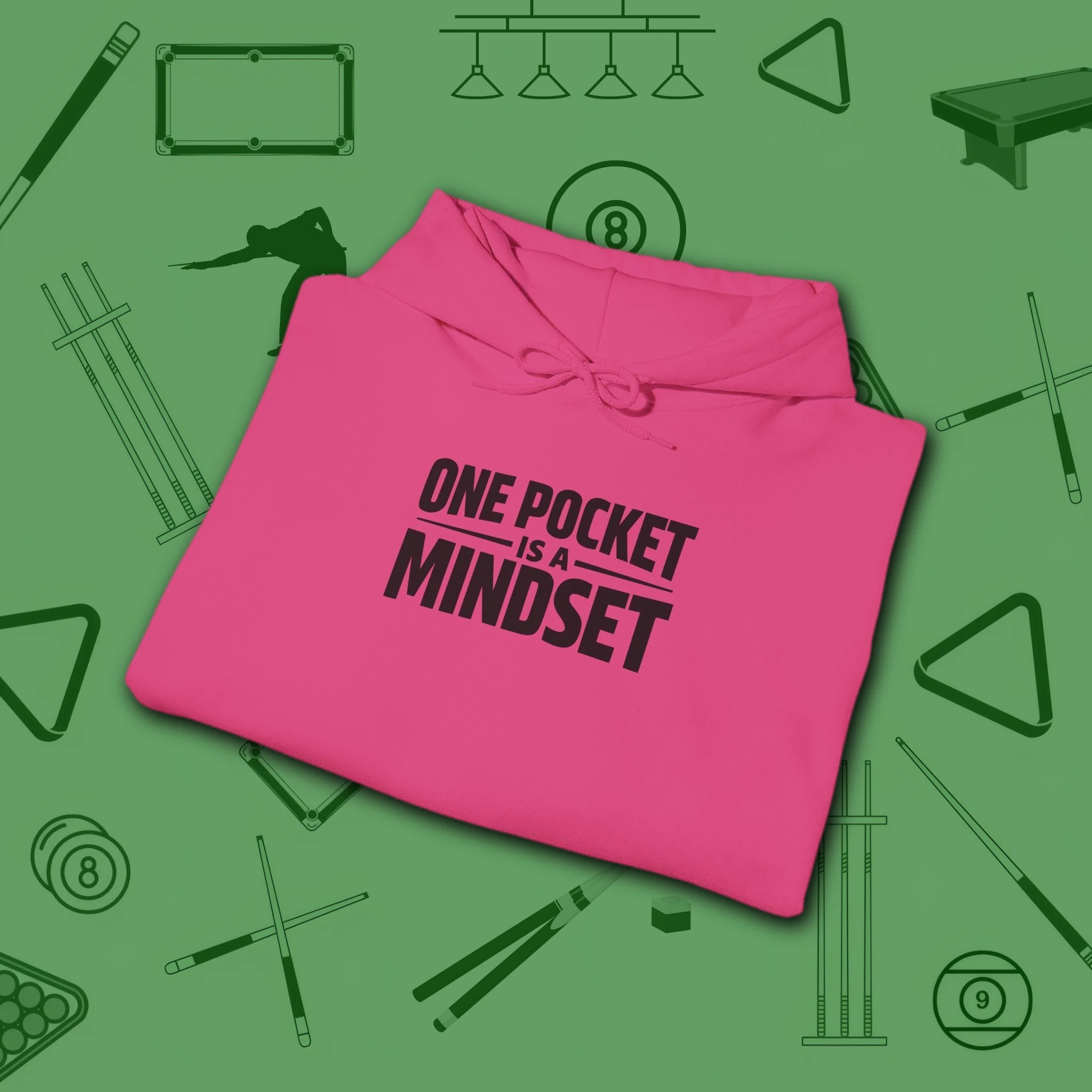 One Pocket Mindset Hoodie, in Heliconia color, billiards hoodie, folded view