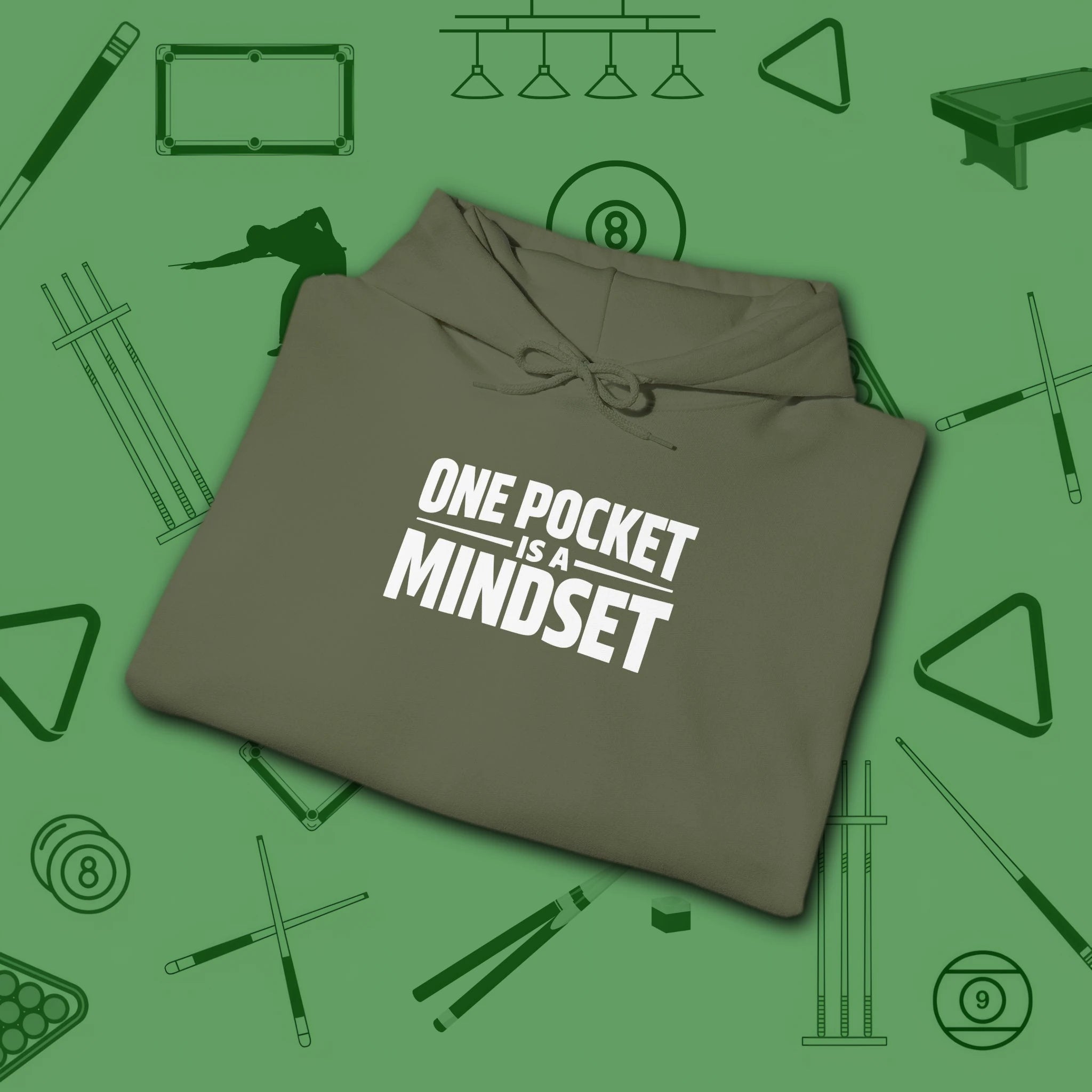 One Pocket Mindset Hoodie, in Military Green color, billiards hoodie, folded view