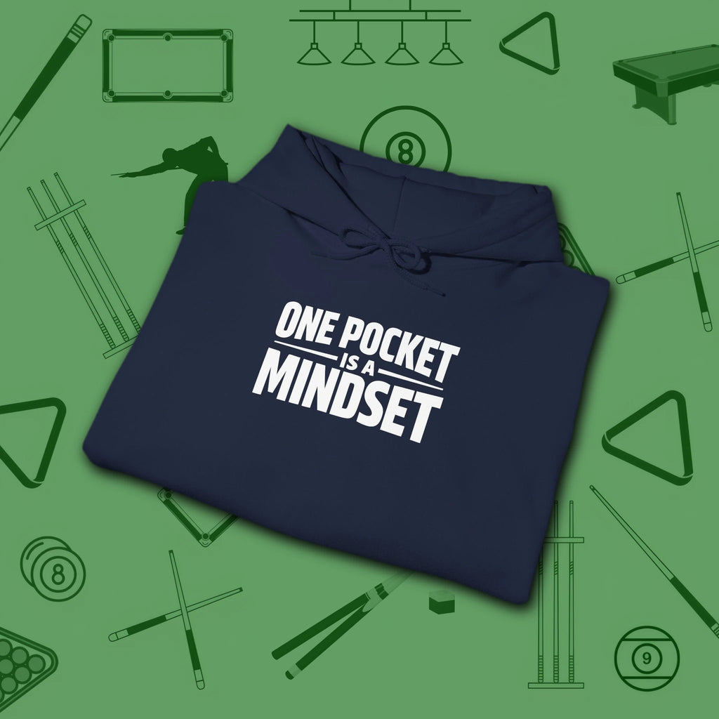 One Pocket Mindset Hoodie, in Navy color, billiards hoodie, folded view