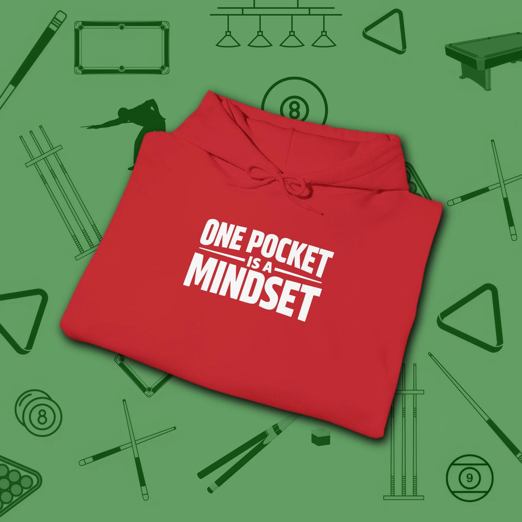 One Pocket Mindset Hoodie, in Red color, billiards hoodie, folded view