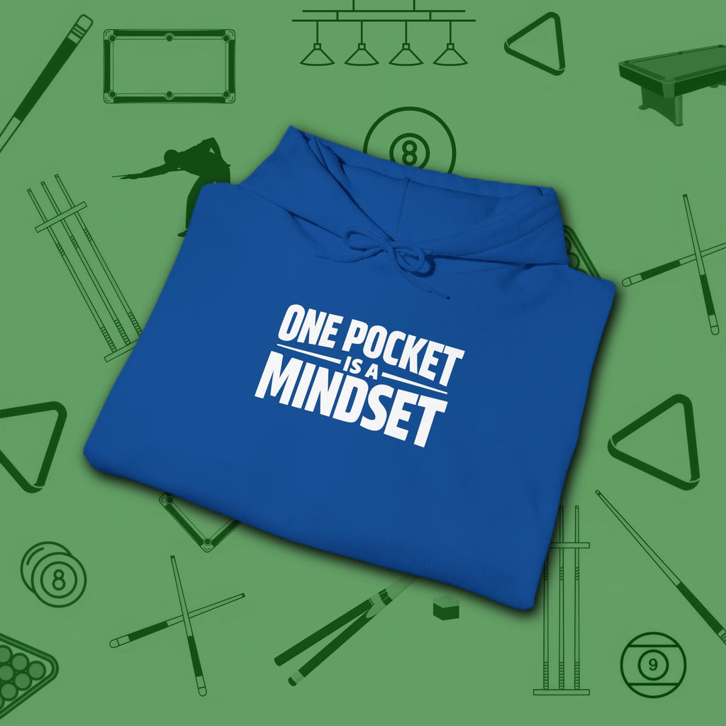 One Pocket Mindset Hoodie, in Royal color, billiards hoodie, folded view