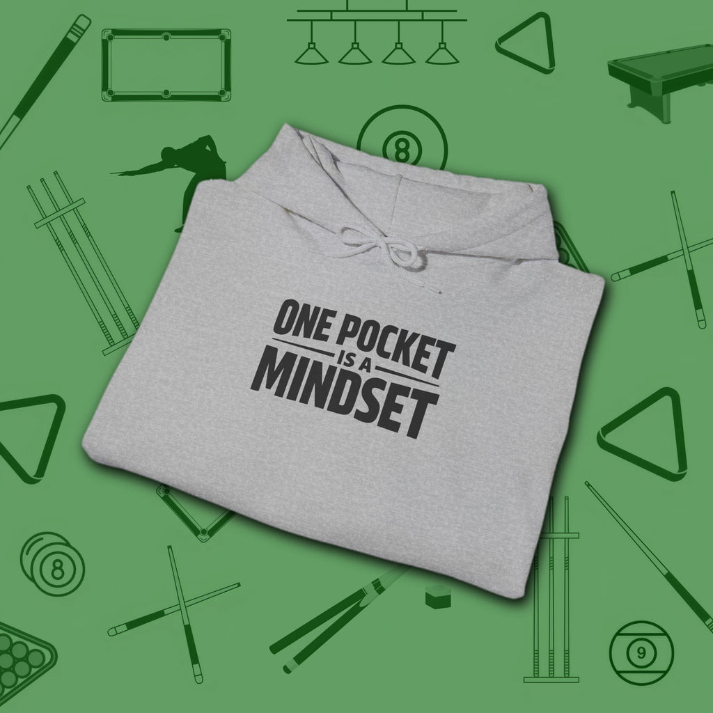 One Pocket Mindset Hoodie, in Sport Grey color, billiards hoodie, folded view