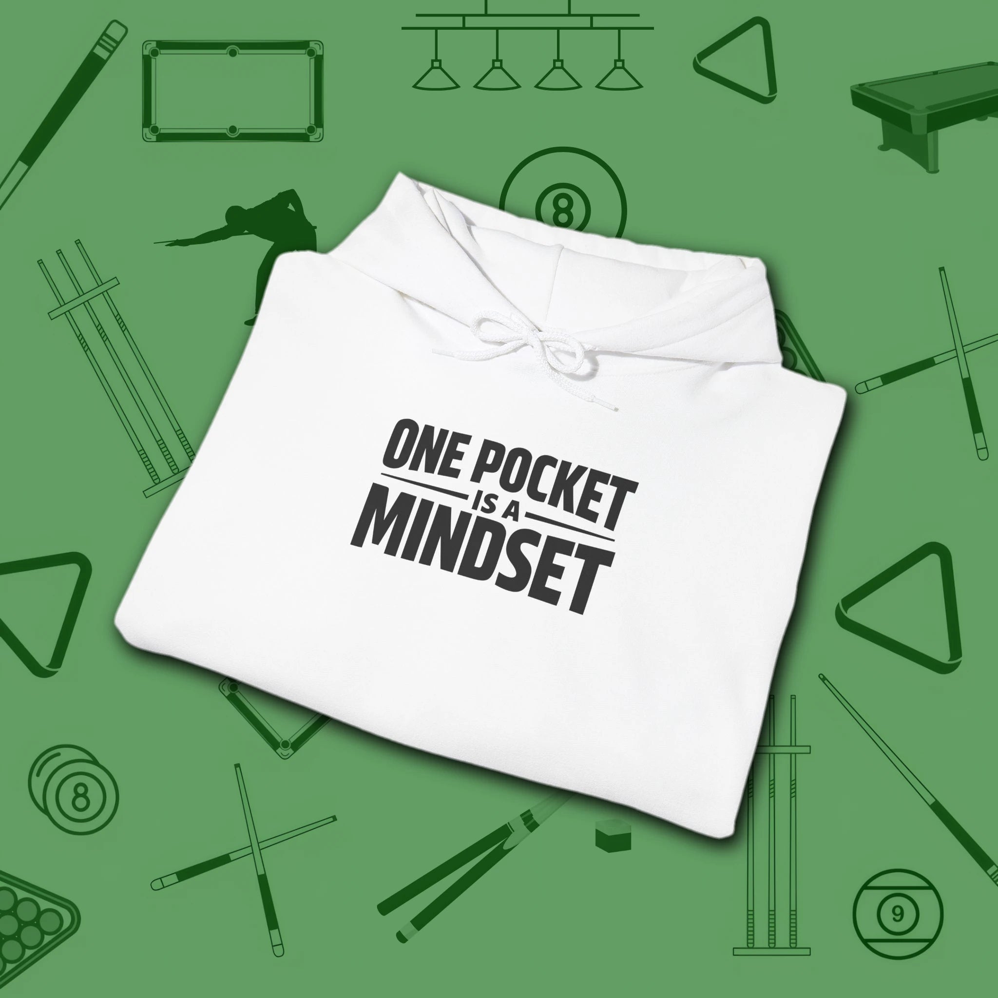 One Pocket Mindset Hoodie, in White color, billiards hoodie, folded view