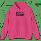 One Pocket Mindset Hoodie, in Heliconia color, billiards hoodie, front view