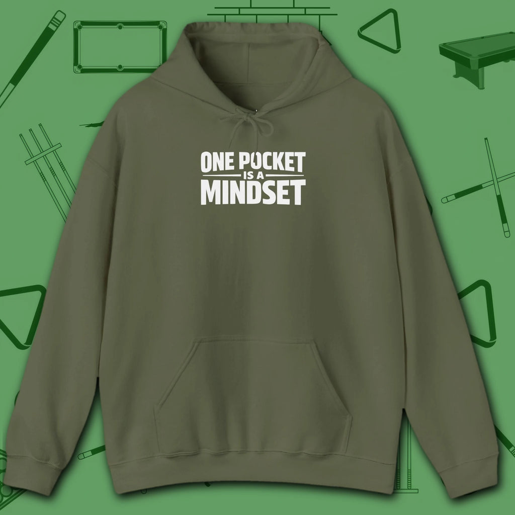 One Pocket Mindset Hoodie, in Military Green color, billiards hoodie, front view