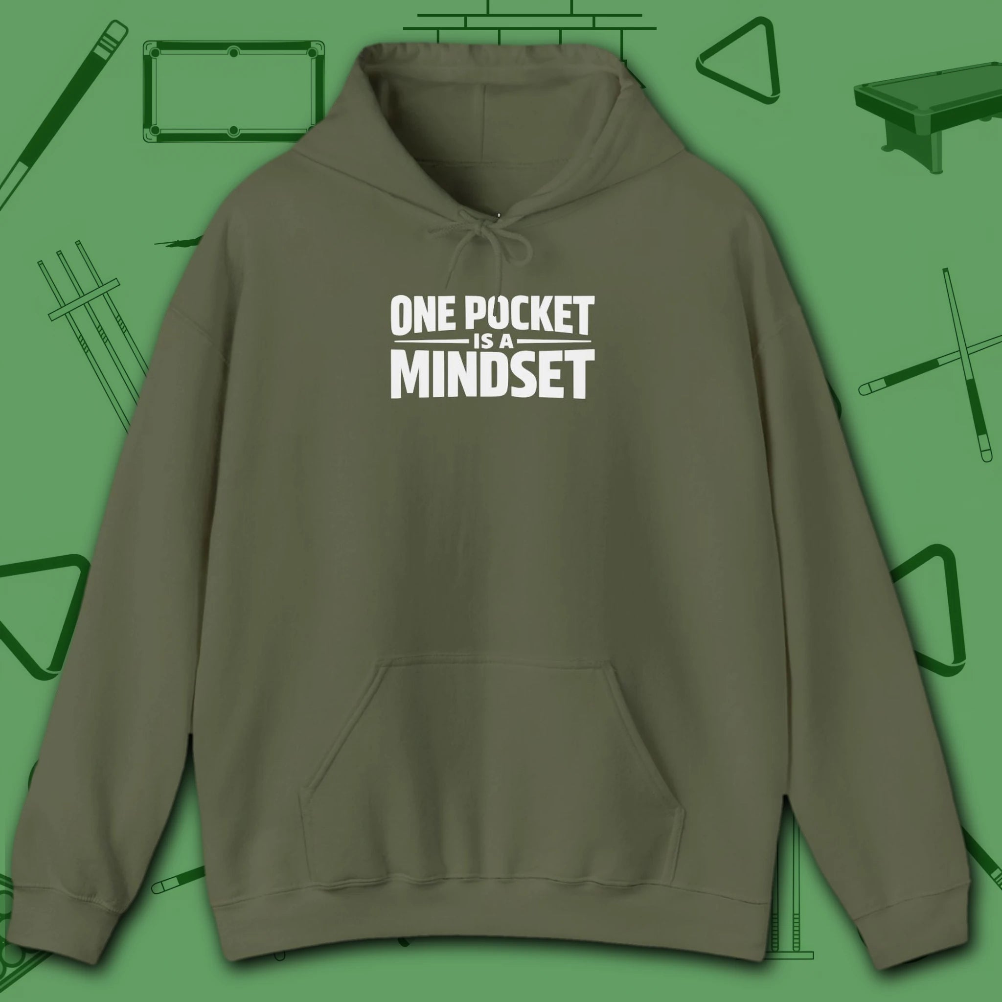 One Pocket Mindset Hoodie, in Military Green color, billiards hoodie, front view