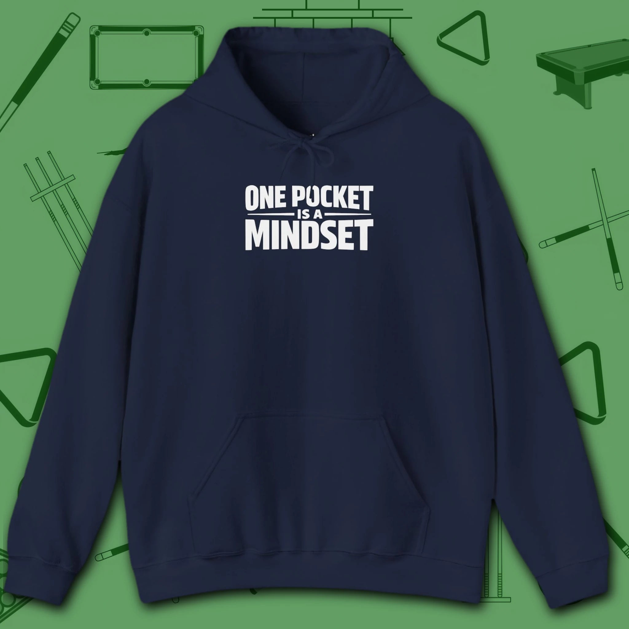 One Pocket Mindset Hoodie, in Navy color, billiards hoodie, front view