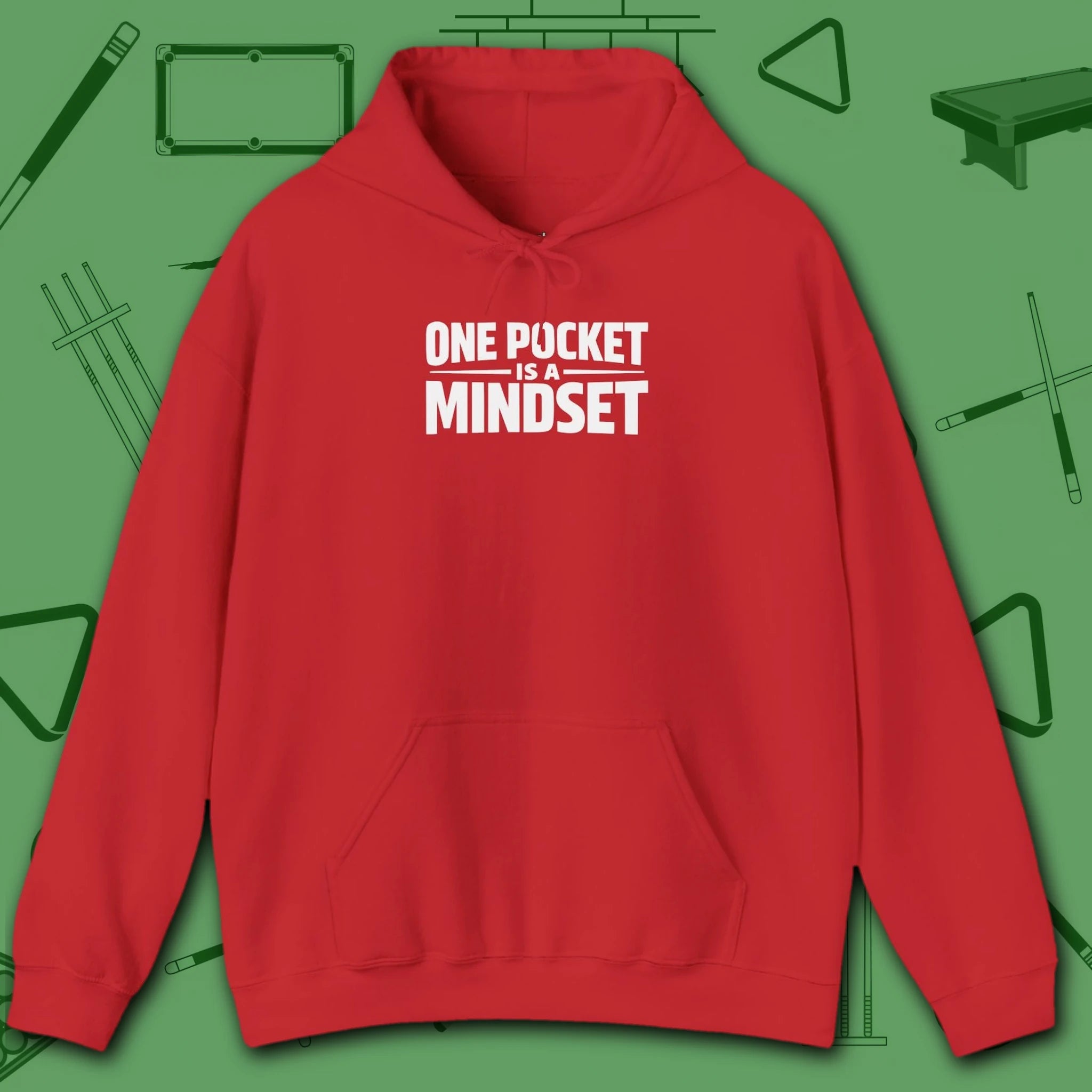 One Pocket Mindset Hoodie, in Red color, billiards hoodie, front view