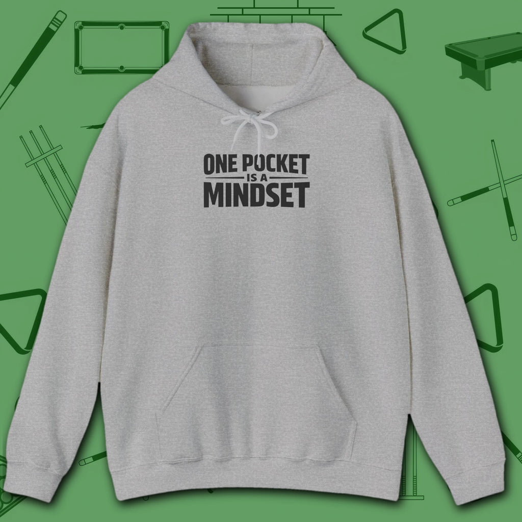 One Pocket Mindset Hoodie, in Sport Grey color, billiards hoodie, front view