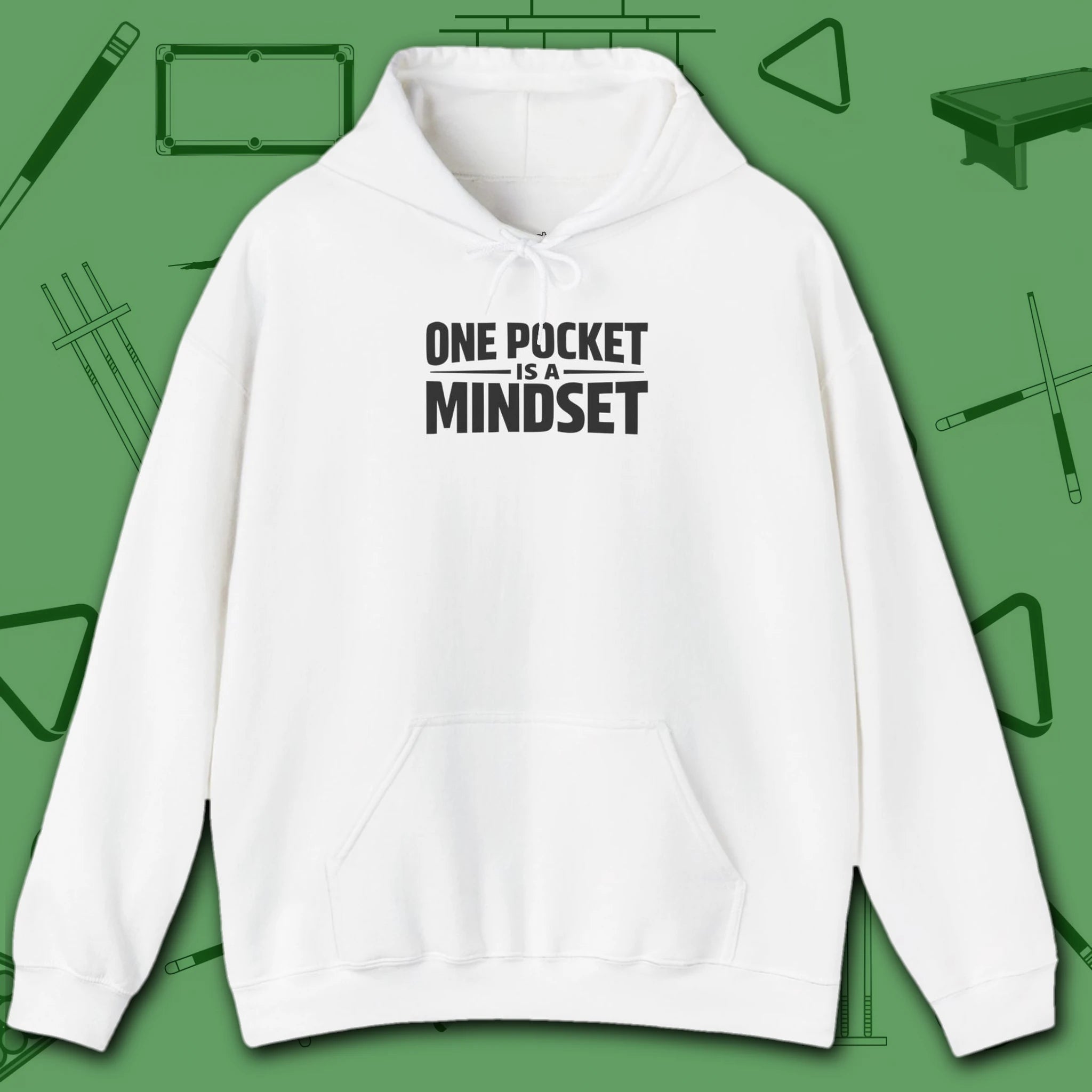 One Pocket Mindset Hoodie, in White color, billiards hoodie, front view