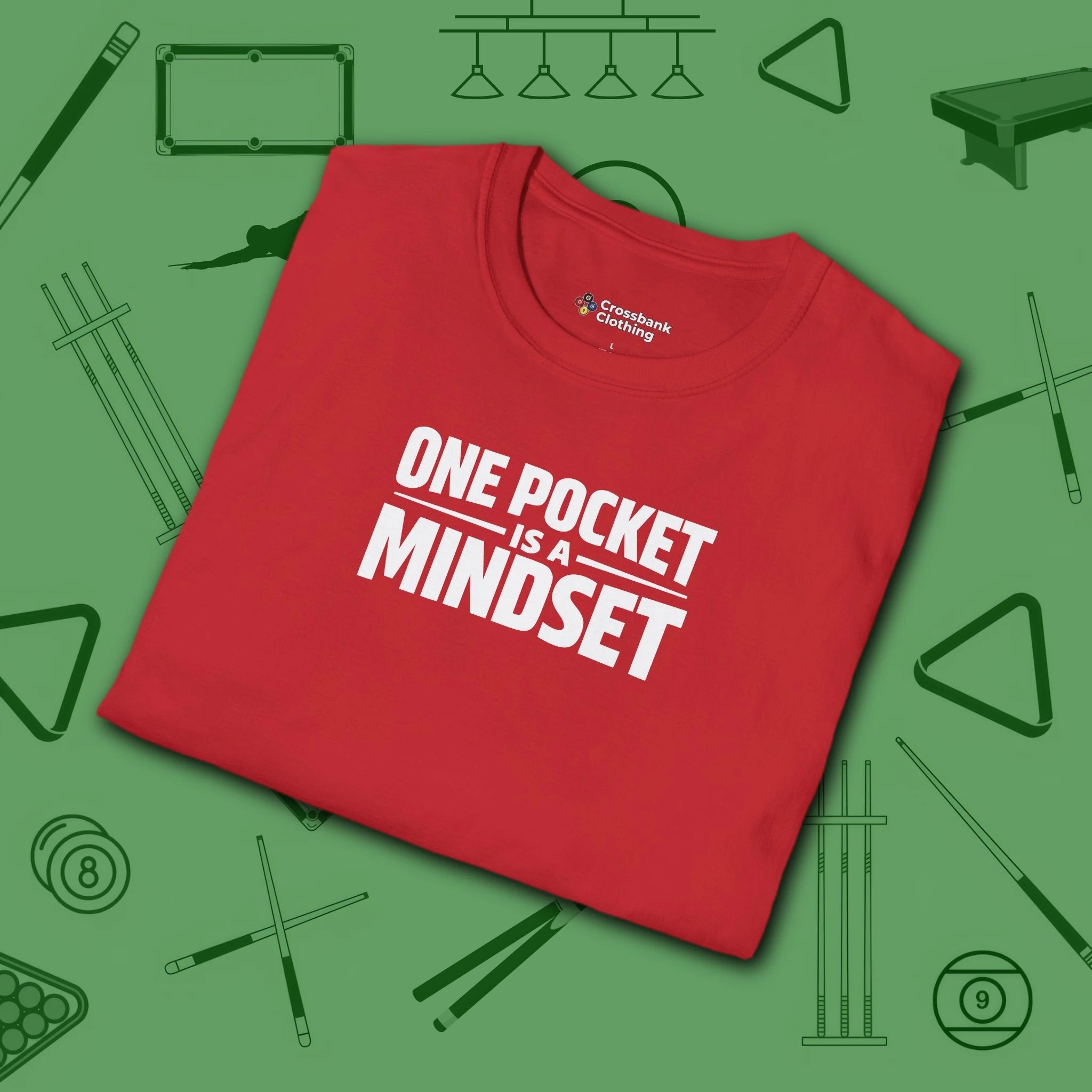 One Pocket Mindset T-Shirt, in Red color, billiards shirt, folded view