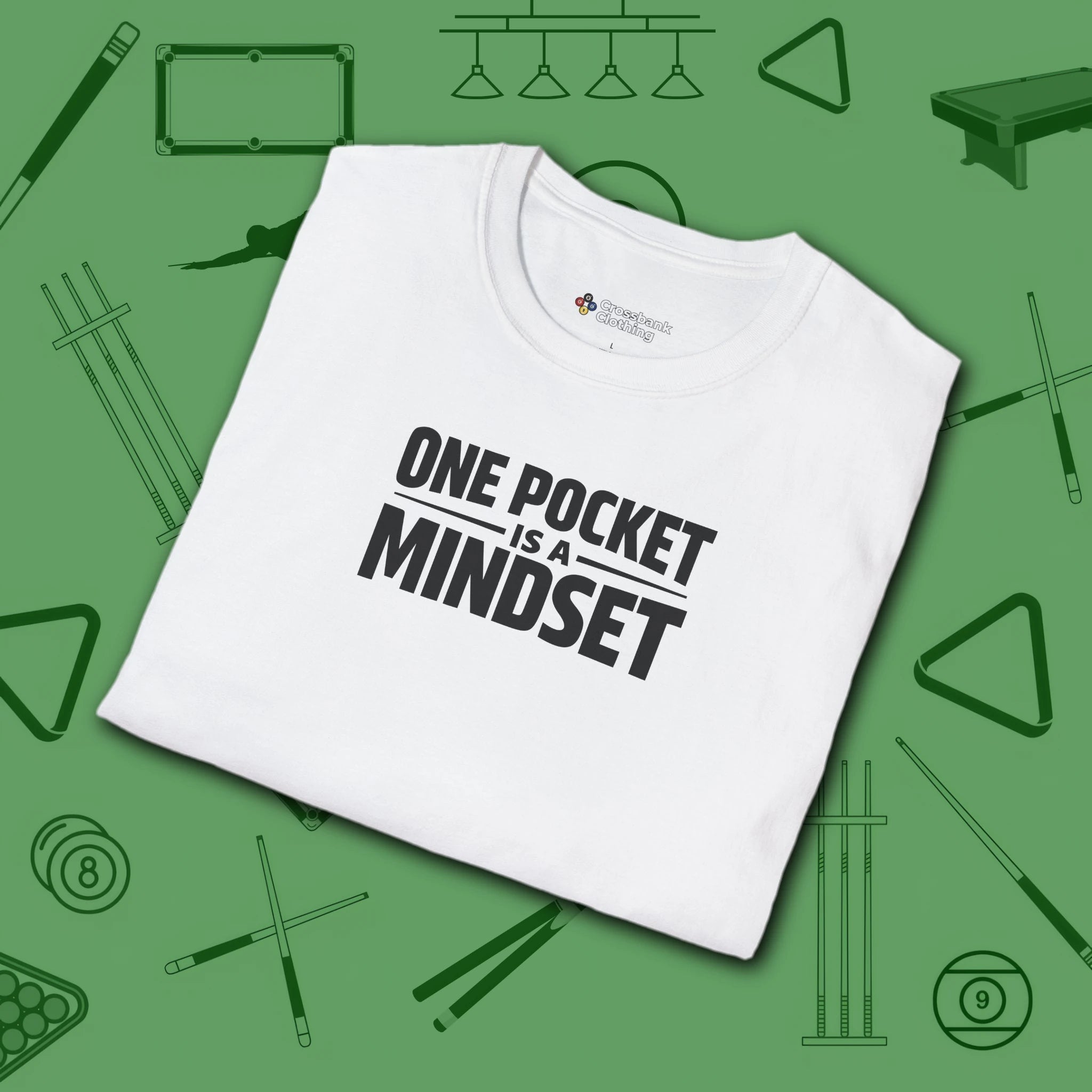 One Pocket Mindset T-Shirt, in White color, billiards shirt, folded view