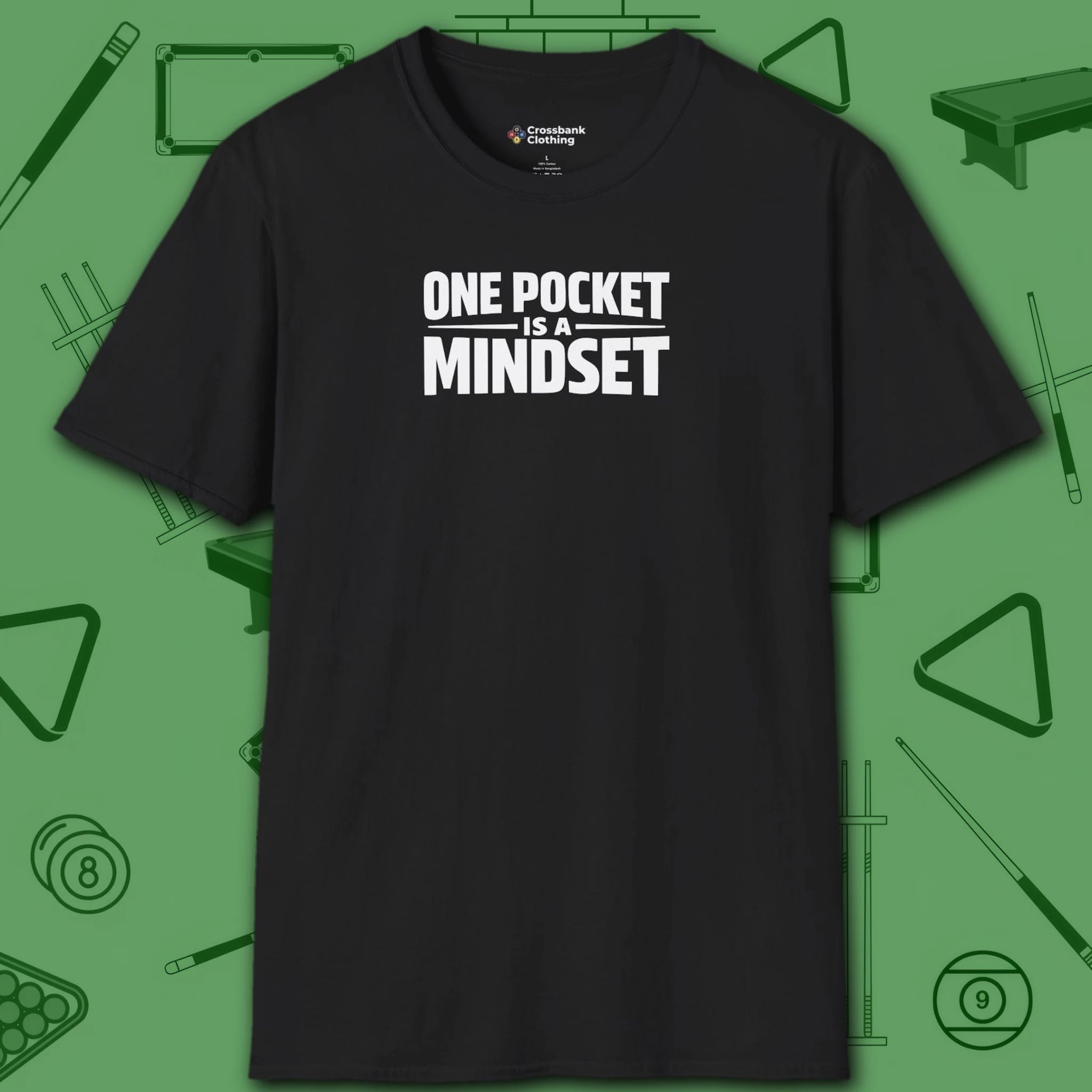 One Pocket Mindset T-Shirt, in Black color, billiards shirt, front view