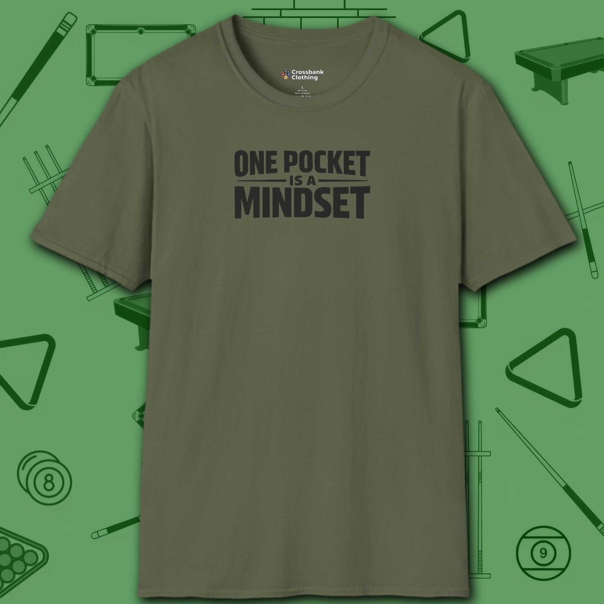 One Pocket Mindset T-Shirt, in Military Green color, billiards shirt, front view