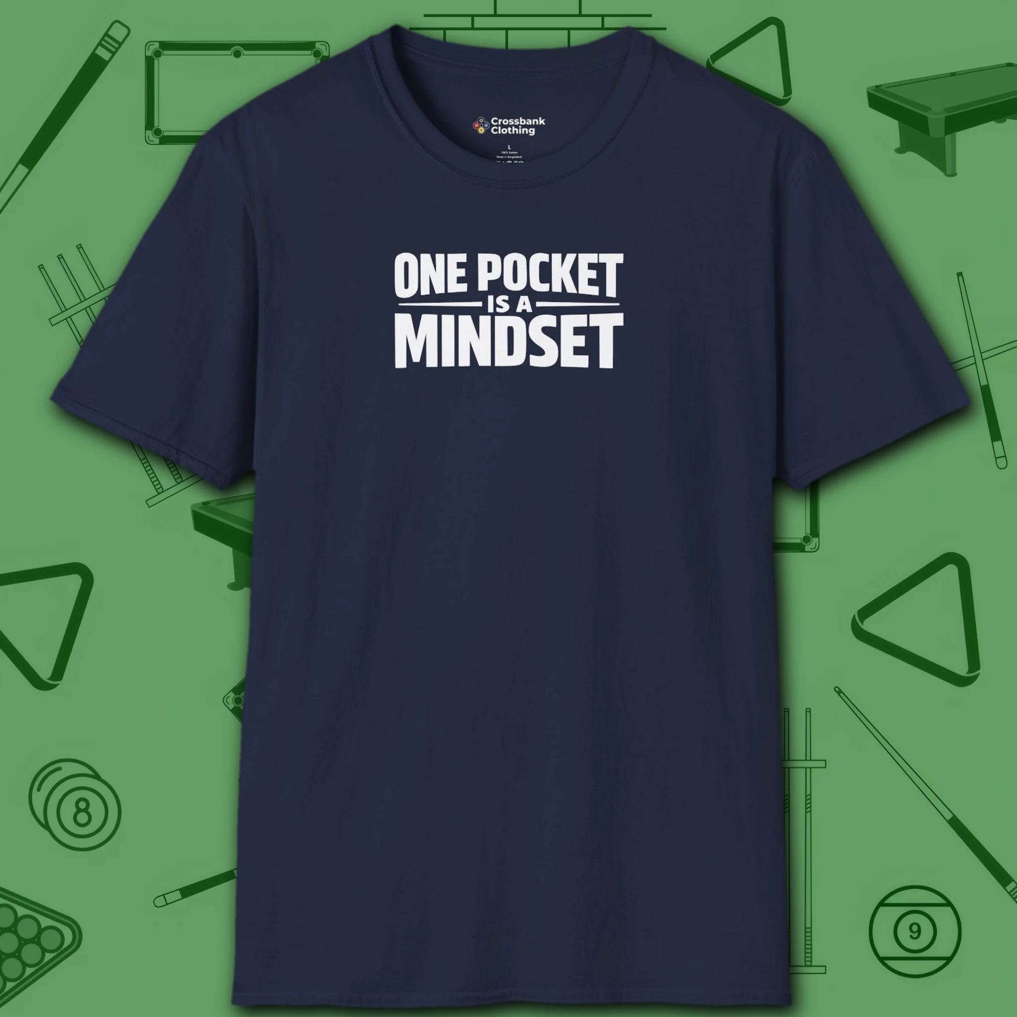 One Pocket Mindset T-Shirt, in Navy color, billiards shirt, front view