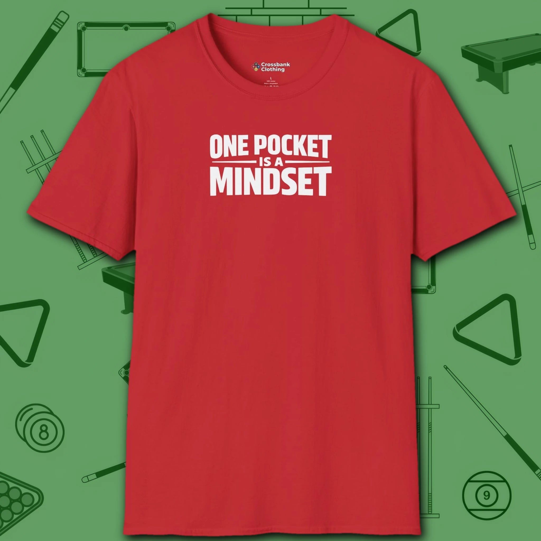 One Pocket Mindset T-Shirt, in Red color, billiards shirt, front view
