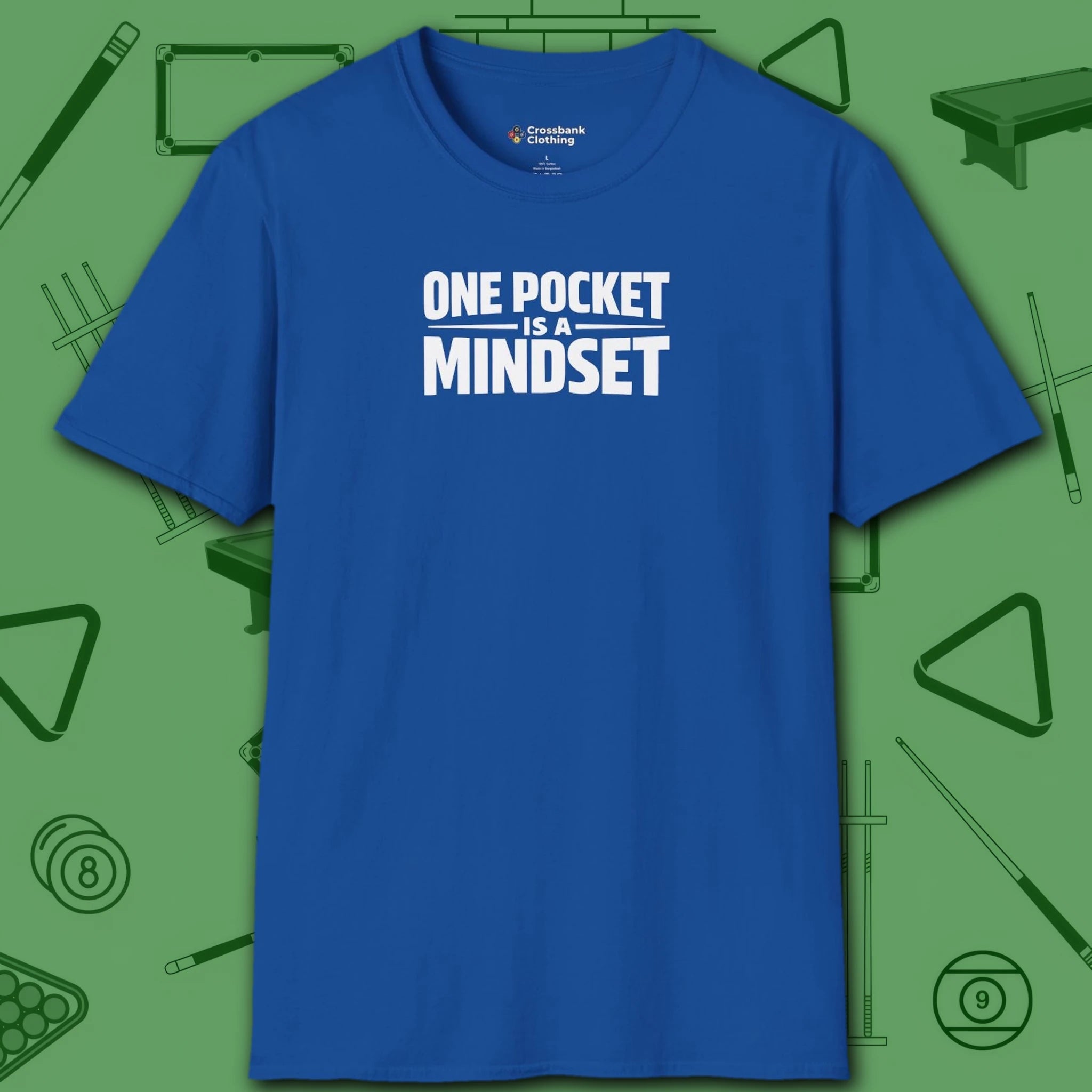 One Pocket Mindset T-Shirt, in Royal color, billiards shirt, front view