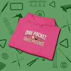 One Pocket Takes Patience Billiards Hoodie, folded view, in Heliconia table-tested, street-approved style