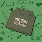 One Pocket Takes Patience Billiards Hoodie, folded view, in Military Green put your best game on display