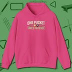 One Pocket Takes Patience Billiards Hoodie, front view, in Heliconia because pool isn’t just a game — it’s who you are