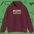 One Pocket Takes Patience Billiards Hoodie, front view, in Maroon cool under pressure, hot on the eyes